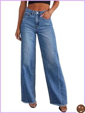 Womens High Waisted Wide Leg Stretchy Denim Jeans Baggy Raw Hem